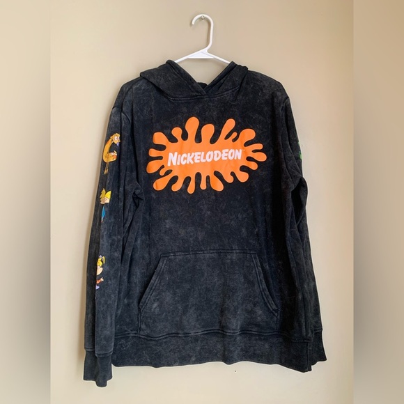 Nickelodeon Hoodie Rugrats Ren Stimpy Mens Large Black Acid Washed Retro 90s - Picture 1 of 8